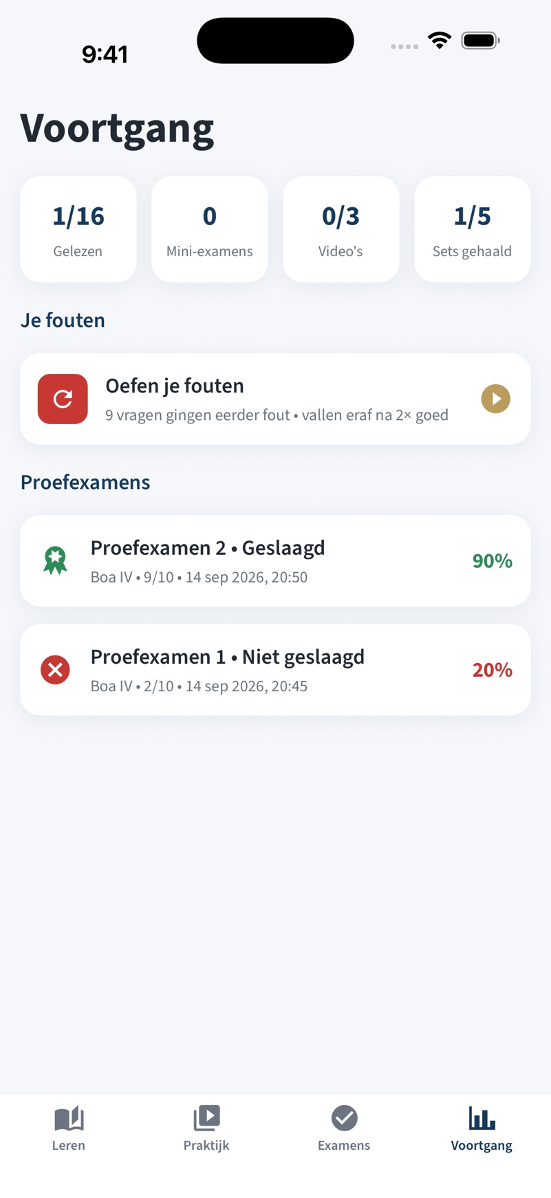 Het voortgangsscherm met gelezen hoofdstukken, de herhaalstapel en de proefexamens